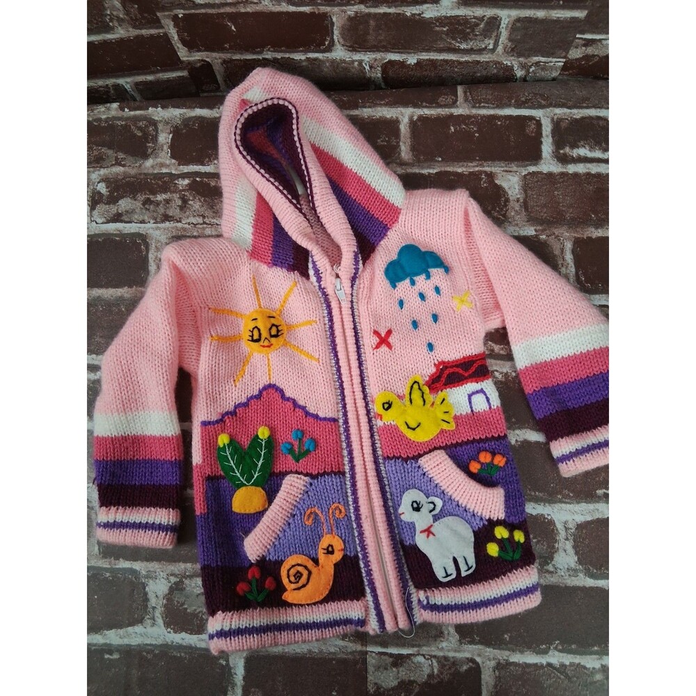 Grupo Colquetex Hooded Sweater Baby Girl 12M Appliques Snail Sheep Made in Peru